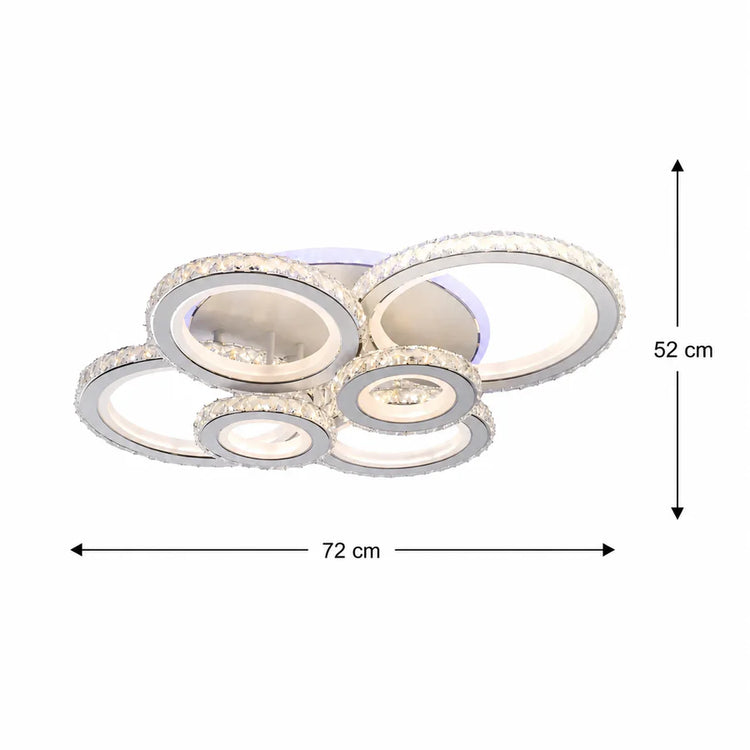 Lustra LED cu telecomanda si cristal NOVA ROTONDA RGB 145W, 6 Cercuri, lumina Rece/Calda/Neutra, Dimabila, Alb