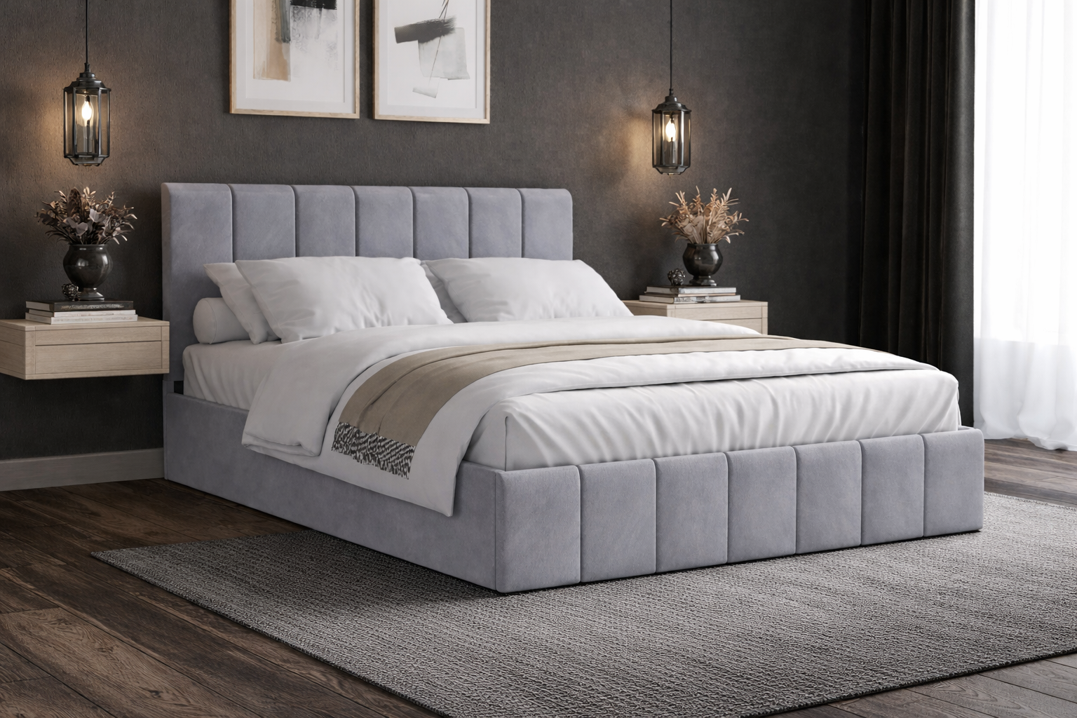 Pat Cozy, 140x200 cm, gri deschis, suport saltea din PAL