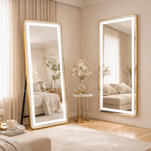 Oglinda LED Rectangulara, Rama Aurie, 50x160cm, Dimabila, Lumina Rece/Calda/Neutra, Dressing Couture