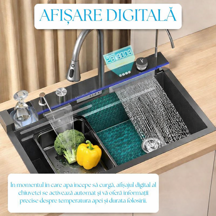 Set chiuveta multifunctionala smart, BADENMOB, Inox negru grafit 3mm, Afisaj digital, Doua cascade, Spalator pahare, Dozator detergent, Baterie extensibila cu 3 functii, Tocator, Tava si sita inclusa, Antizgarieturi, Sistem preaplin, 75X45cm