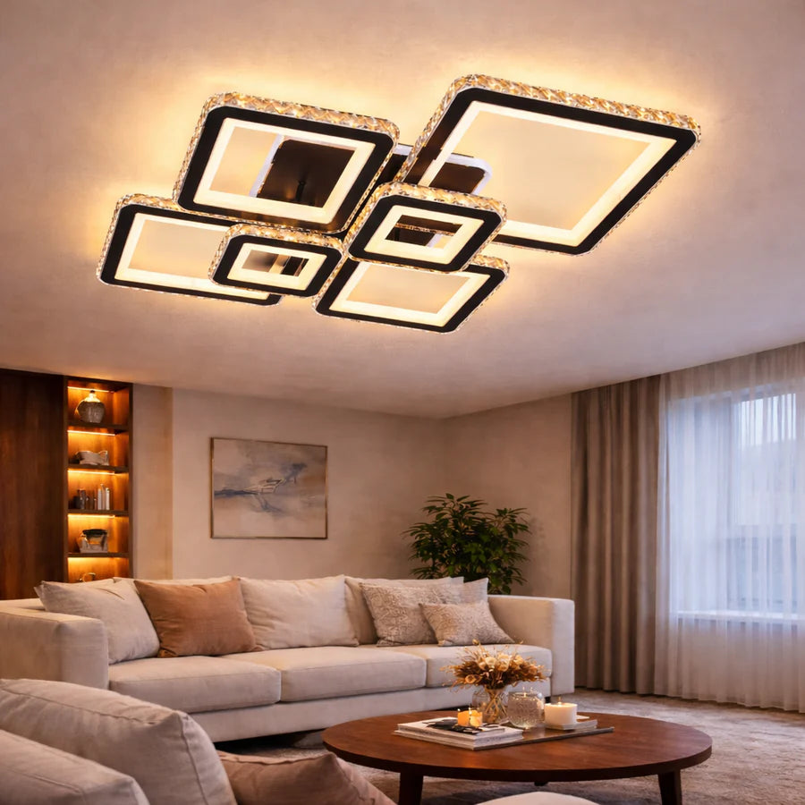 Lustra LED cu telecomanda si cristal QUADRIS RGB 177W, 6 Patrate, lumina Rece/Calda/Neutra 3000K/4000K/6000K, Dimabila, Negru, Metal si Cristal
