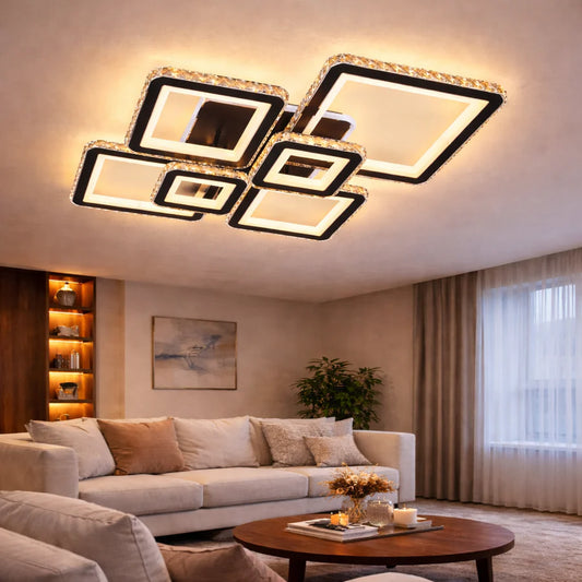 Lustra LED cu telecomanda si cristal QUADRIS RGB 177W, 6 Patrate, lumina Rece/Calda/Neutra 3000K/4000K/6000K, Dimabila, Negru, Metal si Cristal