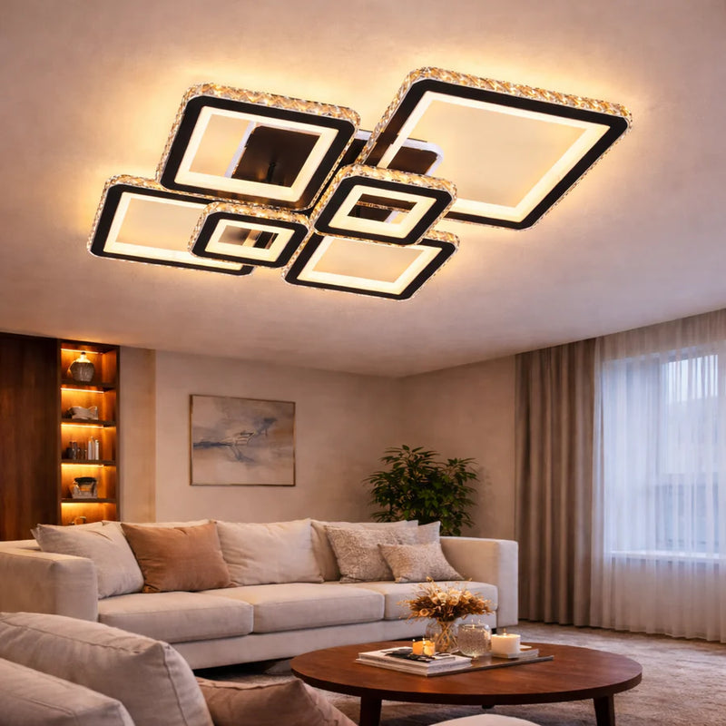 Lustra LED cu telecomanda si cristal QUADRIS RGB 177W, 6 Patrate, lumina Rece/Calda/Neutra 3000K/4000K/6000K, Dimabila, Negru, Metal si Cristal-1