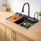 Set chiuveta multifunctionala smart, BADENMOB, Inox negru grafit 3mm, Afisaj digital, Doua cascade, Spalator pahare, Dozator detergent, Baterie extensibila cu 3 functii, Tocator, Tava si sita inclusa, Antizgarieturi, Sistem preaplin, 75X45cm