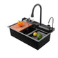 Set chiuveta multifunctionala smart, BADENMOB, Inox negru grafit 3mm, Afisaj digital, Doua cascade, Spalator pahare, Dozator detergent, Baterie extensibila cu 3 functii, Tocator, Tava si sita inclusa, Antizgarieturi, Sistem preaplin, 75X45cm