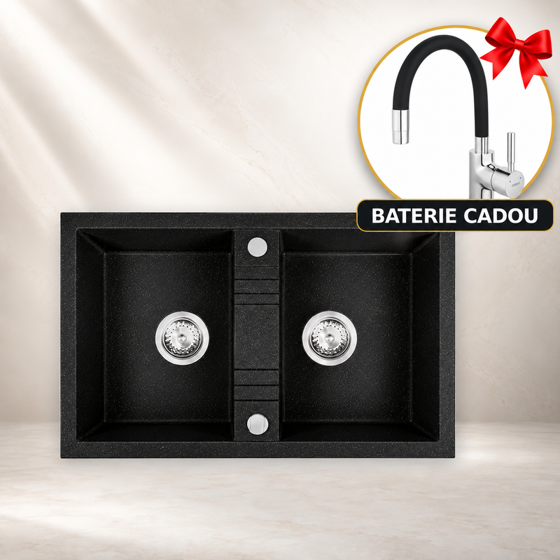 Chiuveta cu Doua Cuve, 78x48 cm, Grafit lucios + Baterie Flexibila Cadou-1