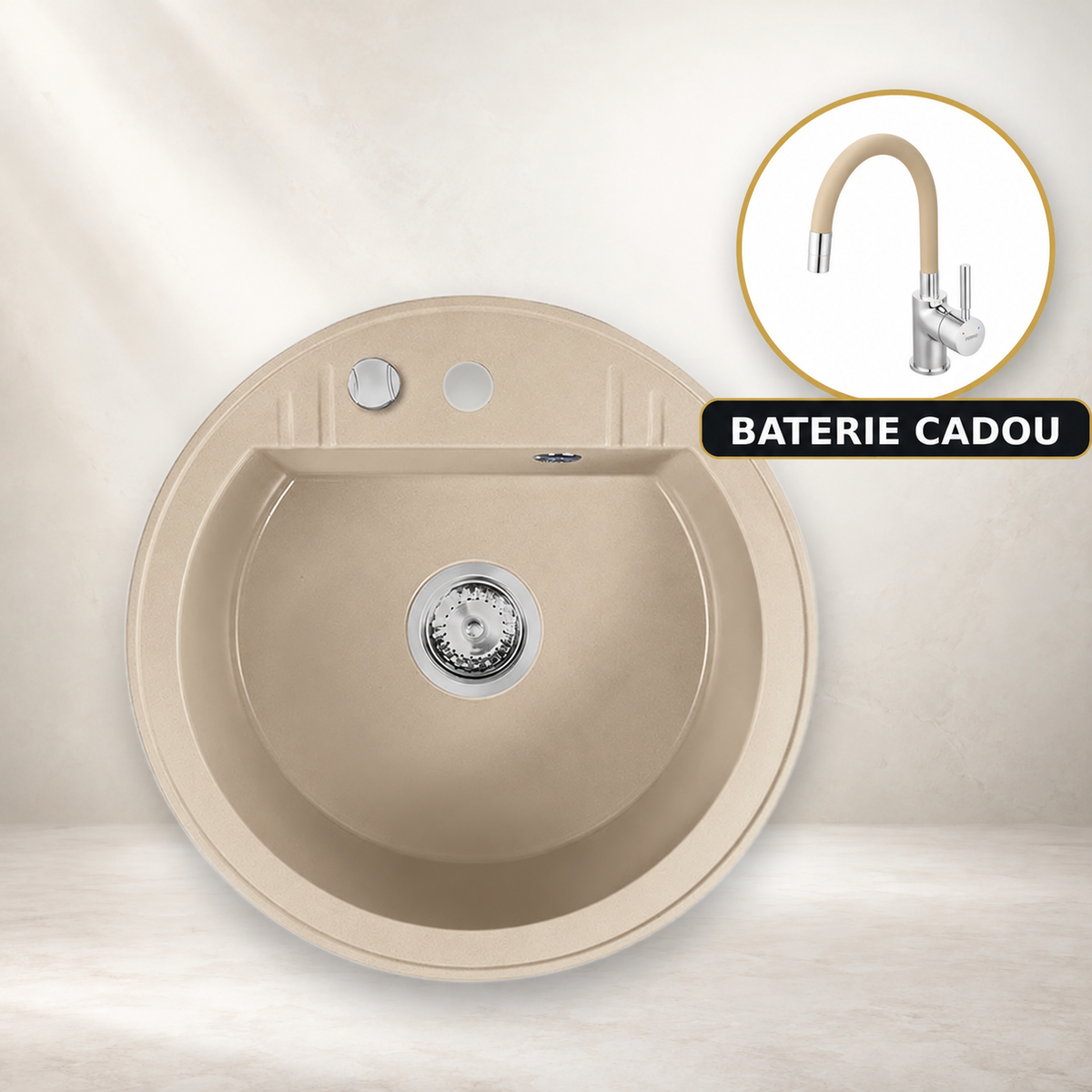 Chiuveta Rotunda cu O Cuva, Ø51 cm, Nisip + Baterie Flexibila Cadou
