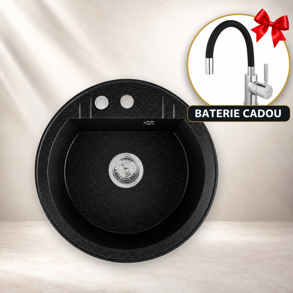 Chiuveta Rotunda cu O Cuva, Ø51 cm, Grafit Lucios + Baterie Flexibila Cadou
