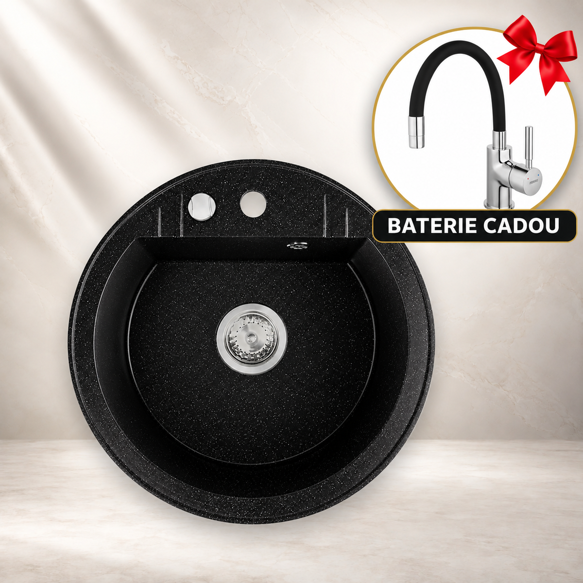 Chiuveta Rotunda cu O Cuva, Ø51 cm, Grafit + Baterie Flexibila Cadou