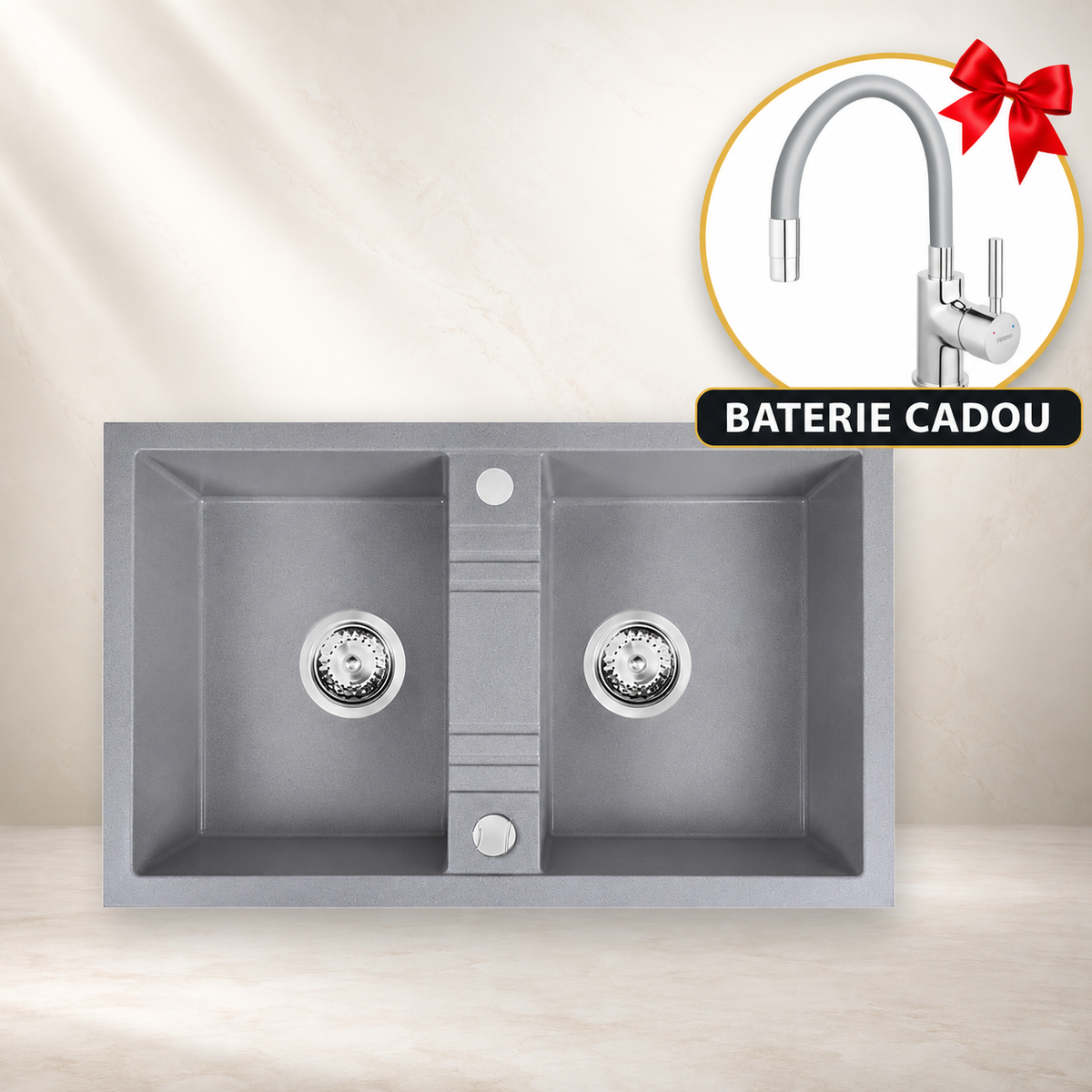 Chiuveta cu Doua Cuve, 78x48 cm, Gri + Baterie Flexibila Cadou