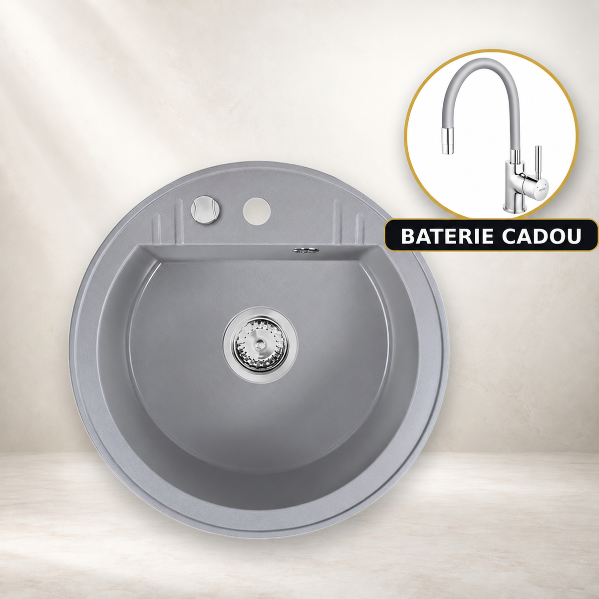 Chiuveta Rotunda cu O Cuva, Ø51 cm, Gri + Baterie Flexibila Cadou