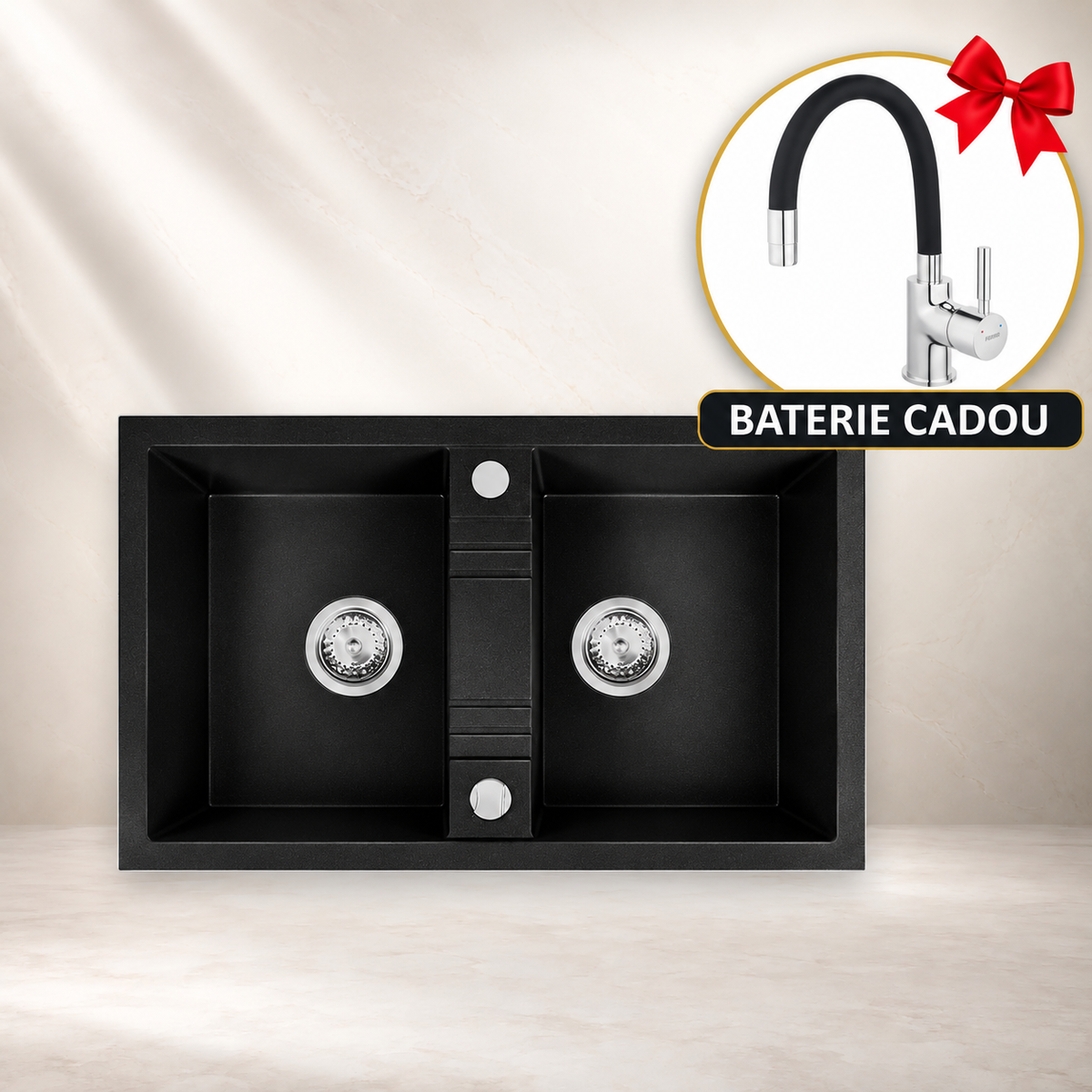 Chiuveta cu Doua Cuve, 78x48 cm, Grafit + Baterie Flexibila Cadou