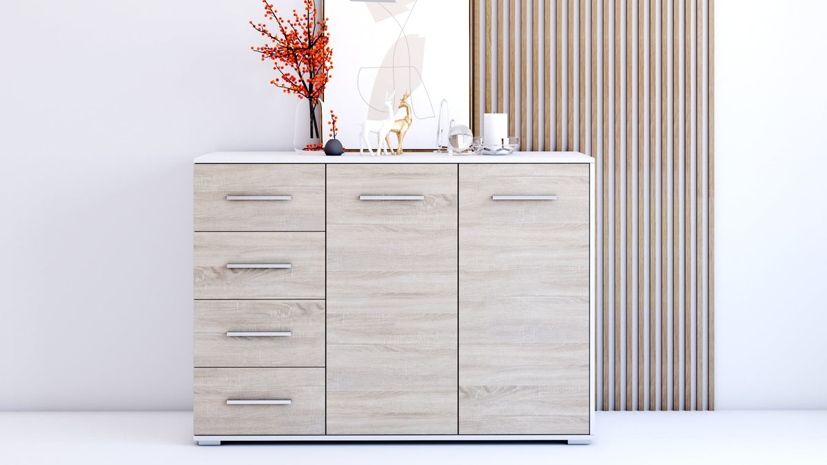 Comoda Stela, 135x95x45cm, Alb/Sonoma