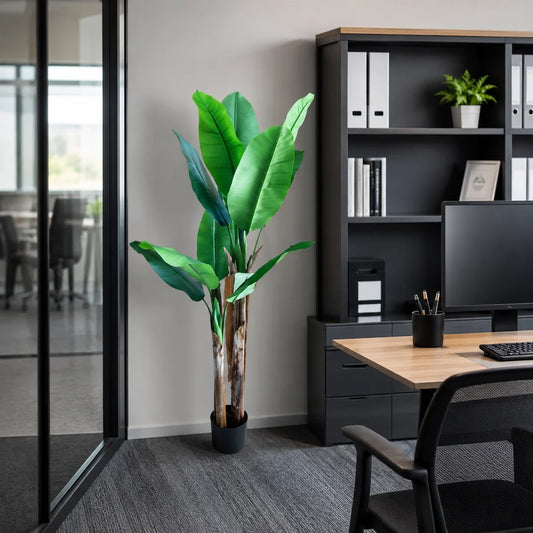 Planta Artificială Copac Tip Bananier, 160 cm, 2 tulpini, 10 frunze, Verde, cu Ghiveci
