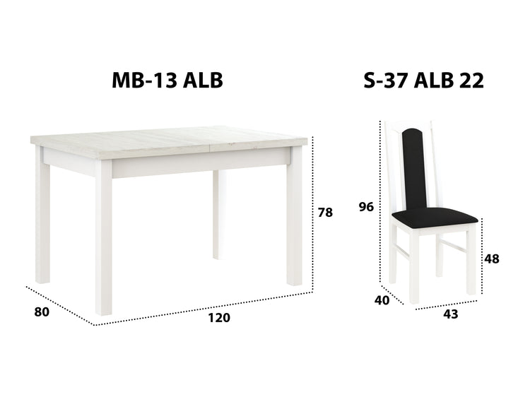 Set masa extensibila 120x150cm cu 4 scaune tapitate, mb-13 max5 si s-37 boss7 b22, alb, lemn masiv de fag, stofa