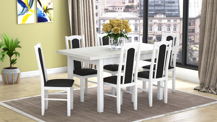 Set masa extensibila 120x150cm cu 6 scaune tapitate, mb-13 max5 si s-37 boss7 b22, alb, lemn masiv de fag, stofa