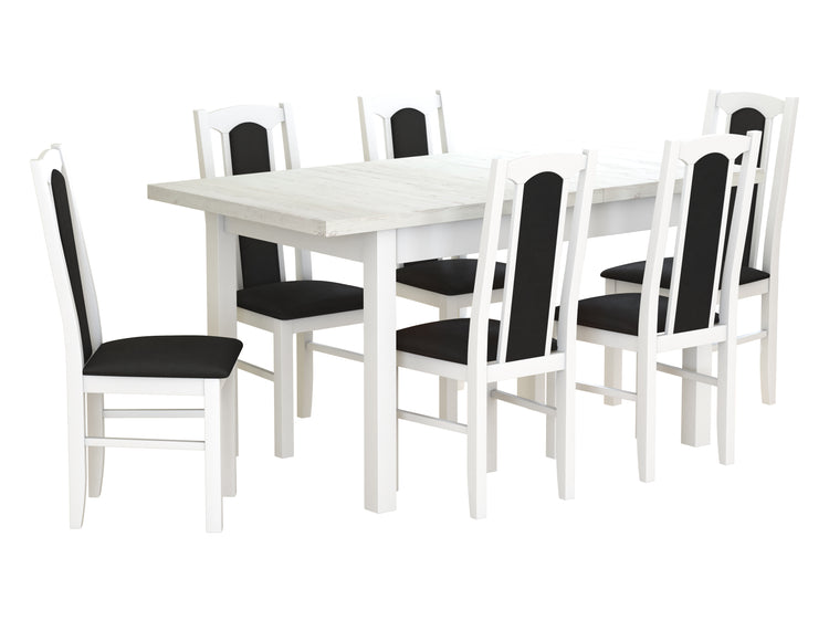 Set masa extensibila 120x150cm cu 6 scaune tapitate, mb-13 max5 si s-37 boss7 b22, alb, lemn masiv de fag, stofa