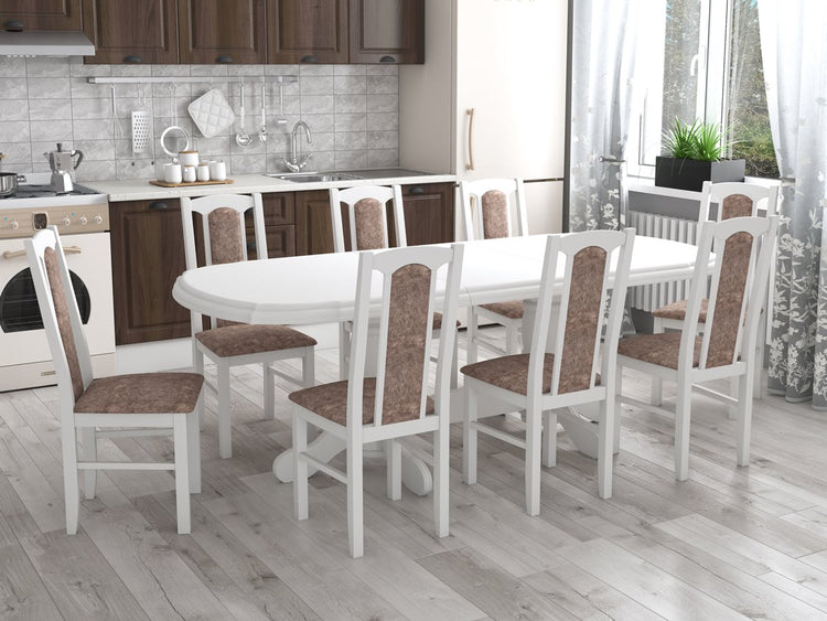 Set masa extensibila jork 160-200 cm, lemn masiv alb, cu 8 scaune tapitate stofa maro, s-37 25b
