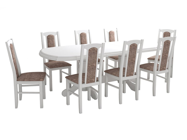 Set masa extensibila jork 160-200 cm, lemn masiv alb, cu 8 scaune tapitate stofa maro, s-37 25b