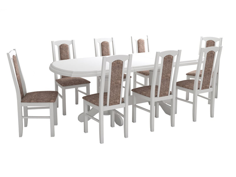 Set masa extensibila jork 160-200 cm, lemn masiv alb, cu 8 scaune tapitate stofa maro, s-37 25b-2