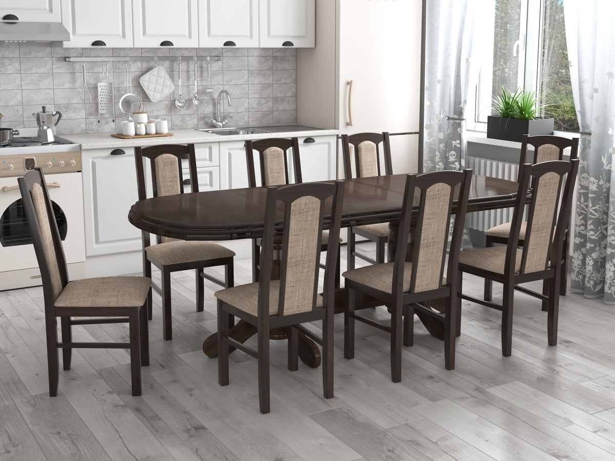 Set masa extensibila jork 160-200 cm, lemn masiv wenge, cu 8 scaune tapitate stofa maro, s-37 b7 W2