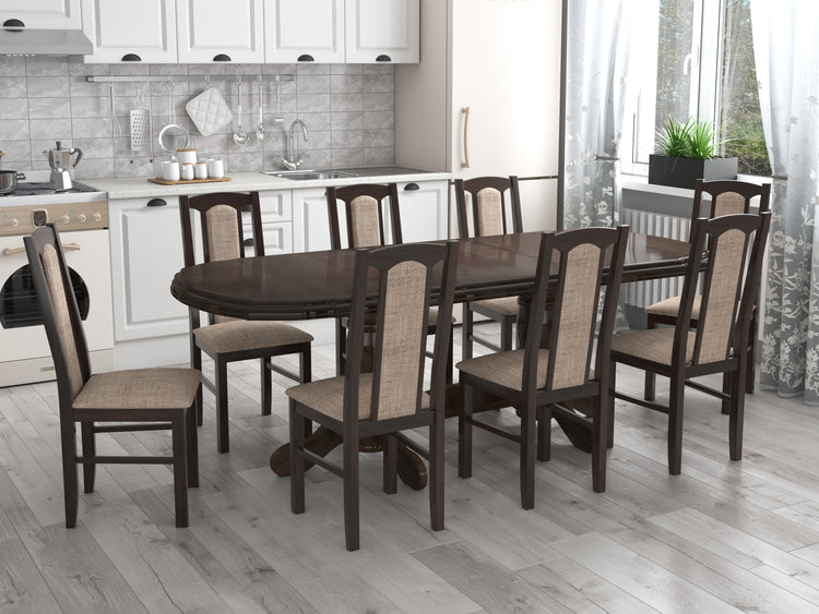 Set masa extensibila jork 160-200 cm, lemn masiv wenge, cu 8 scaune tapitate stofa maro, s-37 b7 W2