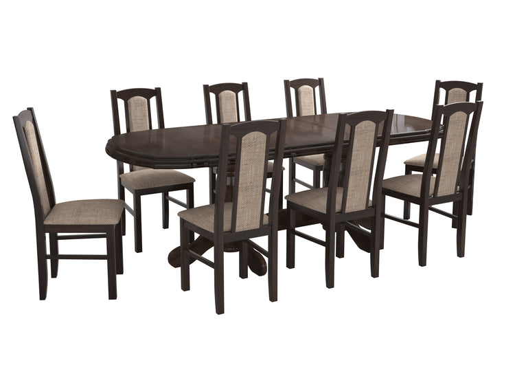 Set masa extensibila jork 160-200 cm, lemn masiv wenge, cu 8 scaune tapitate stofa maro, s-37 b7 W2