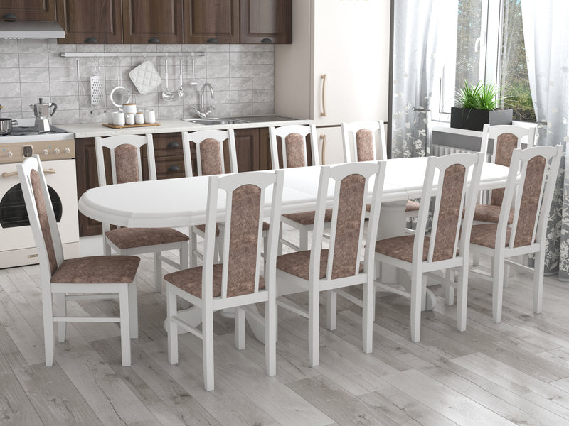 Set masa extensibila jork 200-250x100 cm, lemn masiv alb, cu 10 scaune tapitate stofa maro, s-37 B25B-1
