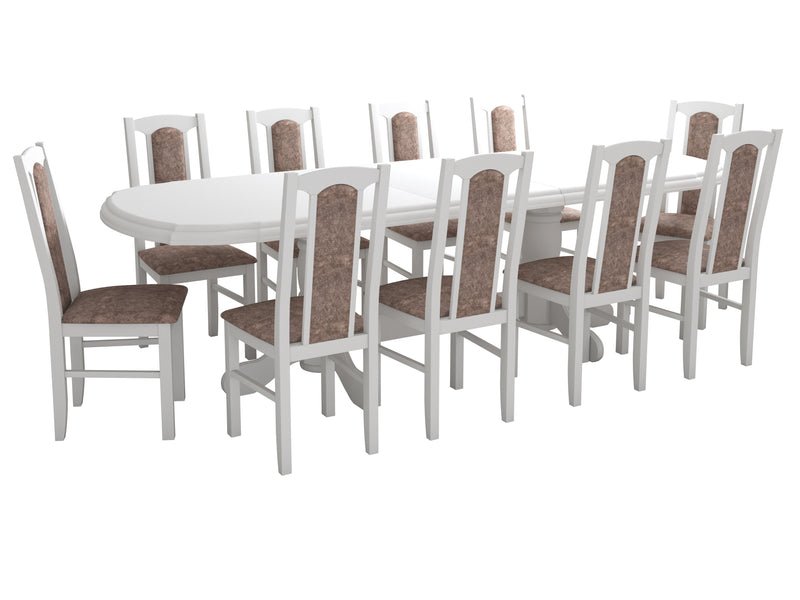 Set masa extensibila jork 200-250x100 cm, lemn masiv alb, cu 10 scaune tapitate stofa maro, s-37 B25B-2