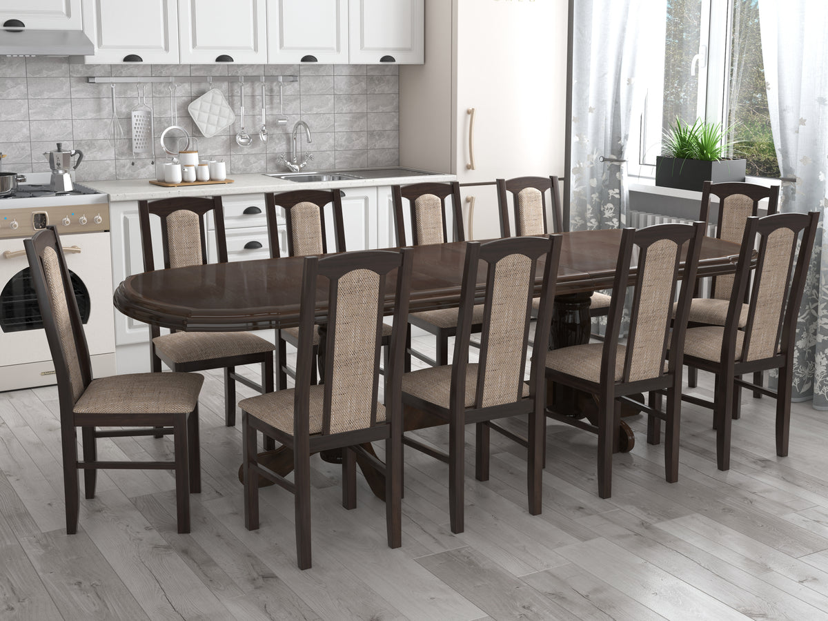 Set masa extensibila jork 200x250 cm, lemn masiv wenge, cu 10 scaune tapitate stofa gri, s-37 W2