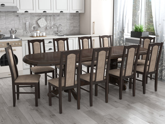 Set masa extensibila jork 200x250 cm, lemn masiv wenge, cu 10 scaune tapitate stofa gri, s-37 W2