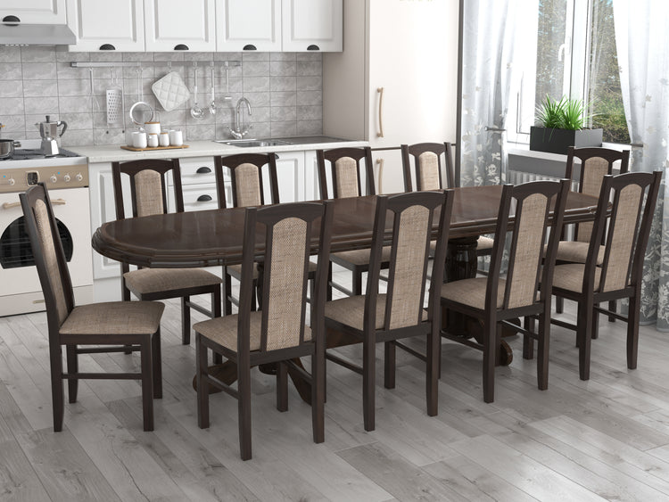 Set masa extensibila jork 200x250 cm, lemn masiv wenge, cu 10 scaune tapitate stofa gri, s-37 W2