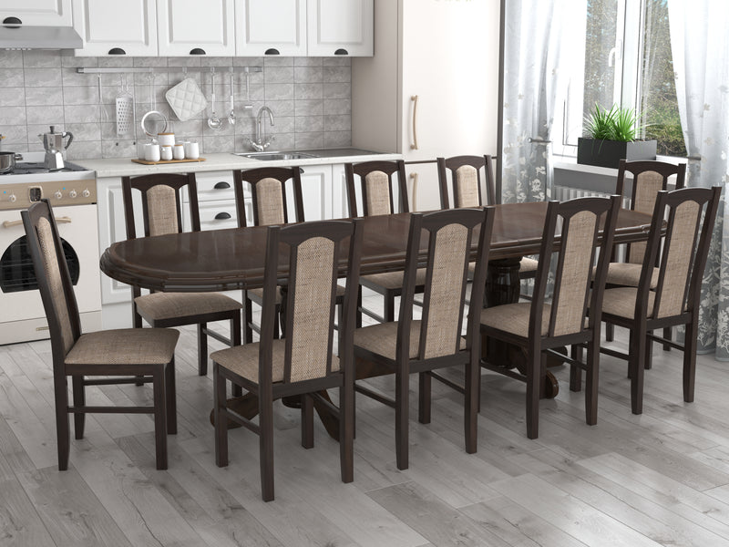 Set masa extensibila jork 200x250 cm, lemn masiv wenge, cu 10 scaune tapitate stofa gri, s-37 W2-1