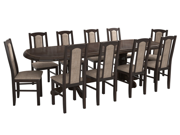 Set masa extensibila jork 200x250 cm, lemn masiv wenge, cu 10 scaune tapitate stofa gri, s-37 W2
