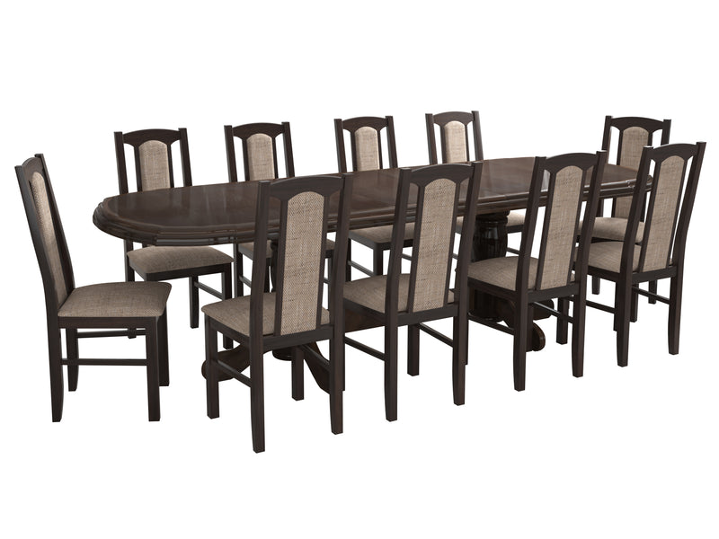Set masa extensibila jork 200x250 cm, lemn masiv wenge, cu 10 scaune tapitate stofa gri, s-37 W2-2