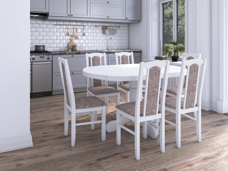 Set masa extensibila Kan 100x135 cm, lemn masiv, culoare alb, blat din mdf cu 6 scaune tapitate S-37 Boss7 25b, stofa