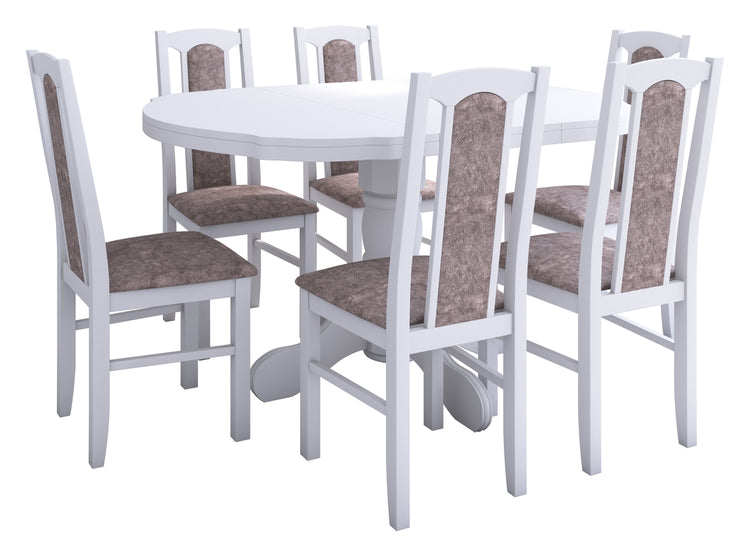 Set masa extensibila Kan 100x135 cm, lemn masiv, culoare alb, blat din mdf cu 6 scaune tapitate S-37 Boss7 25b, stofa
