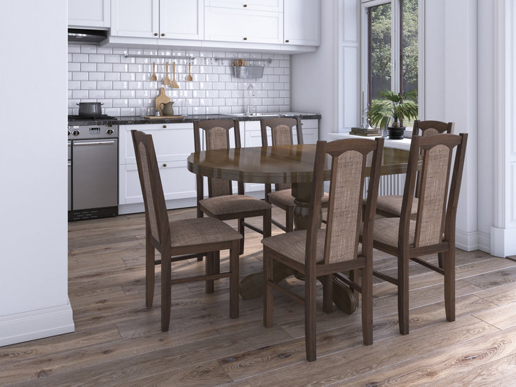 Set masa extensibila Kan 100x135 cm, lemn masiv, culoare nuc, blat din mdf cu 6 scaune tapitate S-37 Boss7 o2, stofa