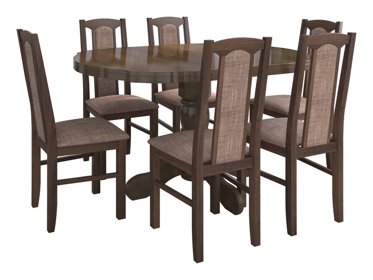 Set masa extensibila Kan 100x135 cm, lemn masiv, culoare nuc, blat din mdf cu 6 scaune tapitate S-37 Boss7 o2, stofa