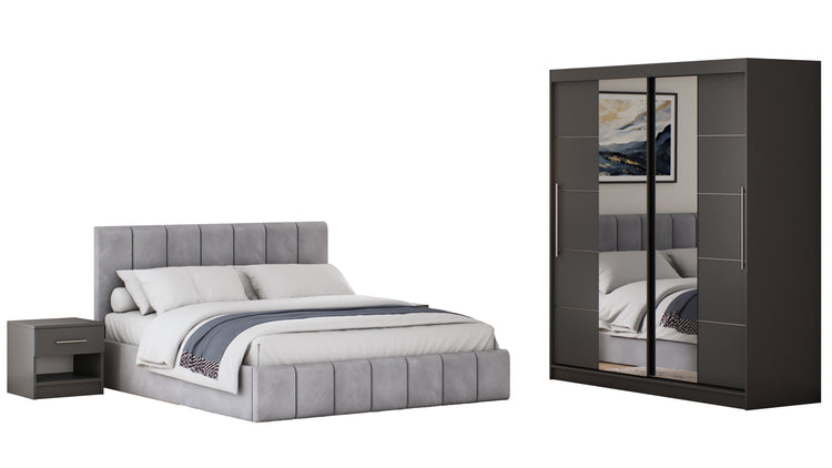 Dormitor Radu cu oglinda gri deschis/gri 180cm + saltea 160x200x20cm