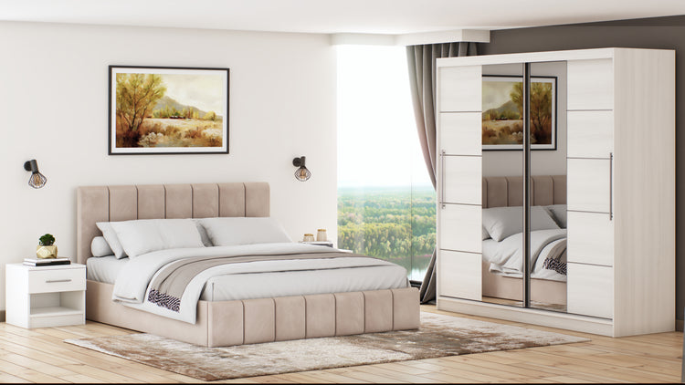 Dormitor Sara cu oglinda cappuccino/pin 200cm + saltea 160x200x20cm