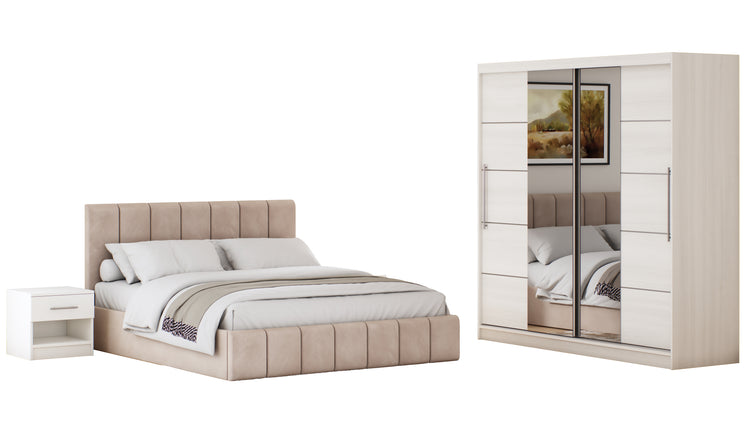 Dormitor Sara cu oglinda cappuccino/pin 200cm + saltea 160x200x20cm