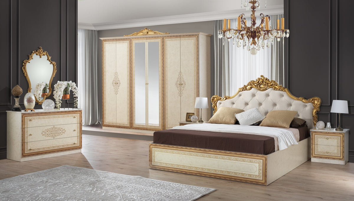 Dormitor Anette, 160x200 cm, 6a, bej/auriu, somiera metalica si saltea incluse