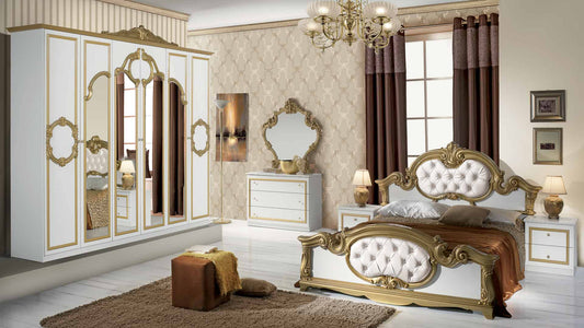 Dormitor Barocco Bianco, alb/auriu, pat 160x200 cm, dulap cu 6 usi, comoda, 2 noptiere, somiera metalica si saltea incluese
