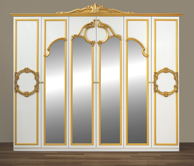 Dormitor Barocco Bianco, alb/auriu, pat 160x200 cm, dulap cu 6 usi, comoda, 2 noptiere, somiera metalica si saltea incluese