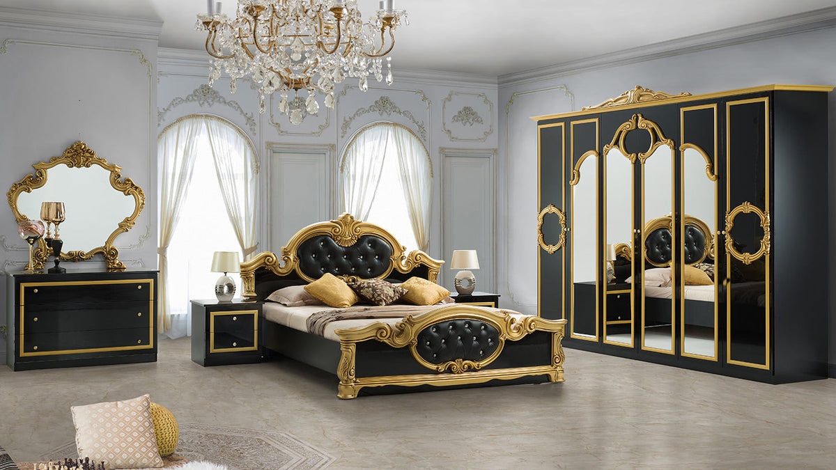 Dormitor Barocco Nero, negru/auriu, pat 160x200 cm, dulap cu 6 usi, comoda, 2 noptiere, somiera metalica si saltea incluse!
