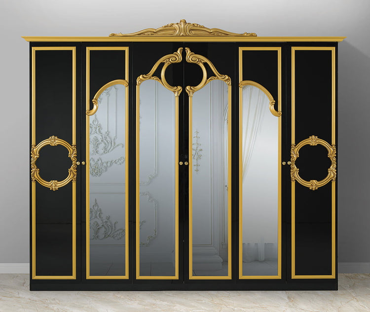 Dormitor Barocco Nero, negru/auriu, pat 160x200 cm, dulap cu 6 usi, comoda, 2 noptiere, somiera metalica si saltea incluse!