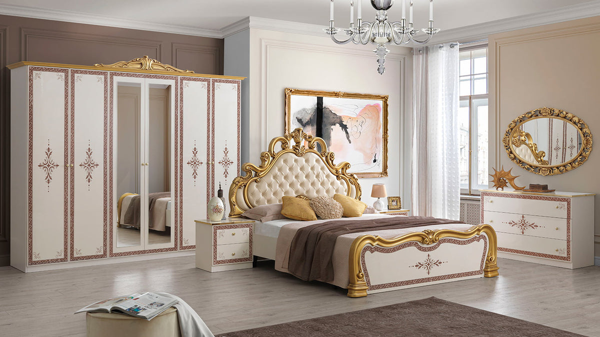 Dormitor grace, crem, pat 160x200 cm, dulap cu 6 usi, 2 noptiere, comoda, somiera metalica si saltea incluse