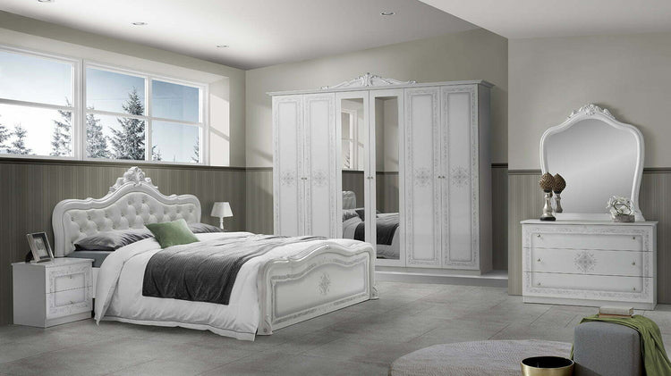 Dormitor Luisa, alb, pat 160x200 cm, dulap cu 6 usi, comoda, 2 noptiere, somiera metalica si saltea incluse