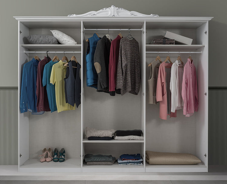 Dormitor Luisa, alb, pat 160x200 cm, dulap cu 6 usi, comoda, 2 noptiere, somiera metalica si saltea incluse